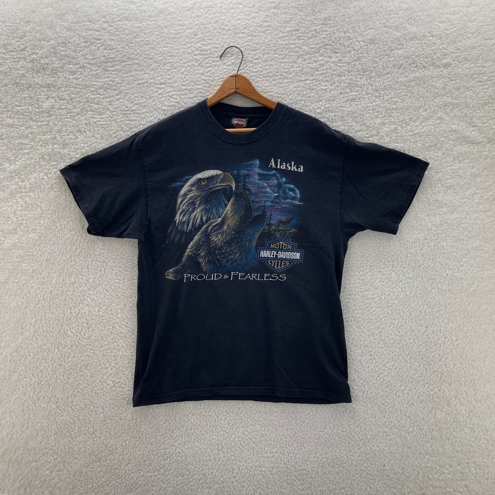 Vintage Harley Davidson Shirt Mens L Black Alaska Eagle Wolf Nature Biker Hog